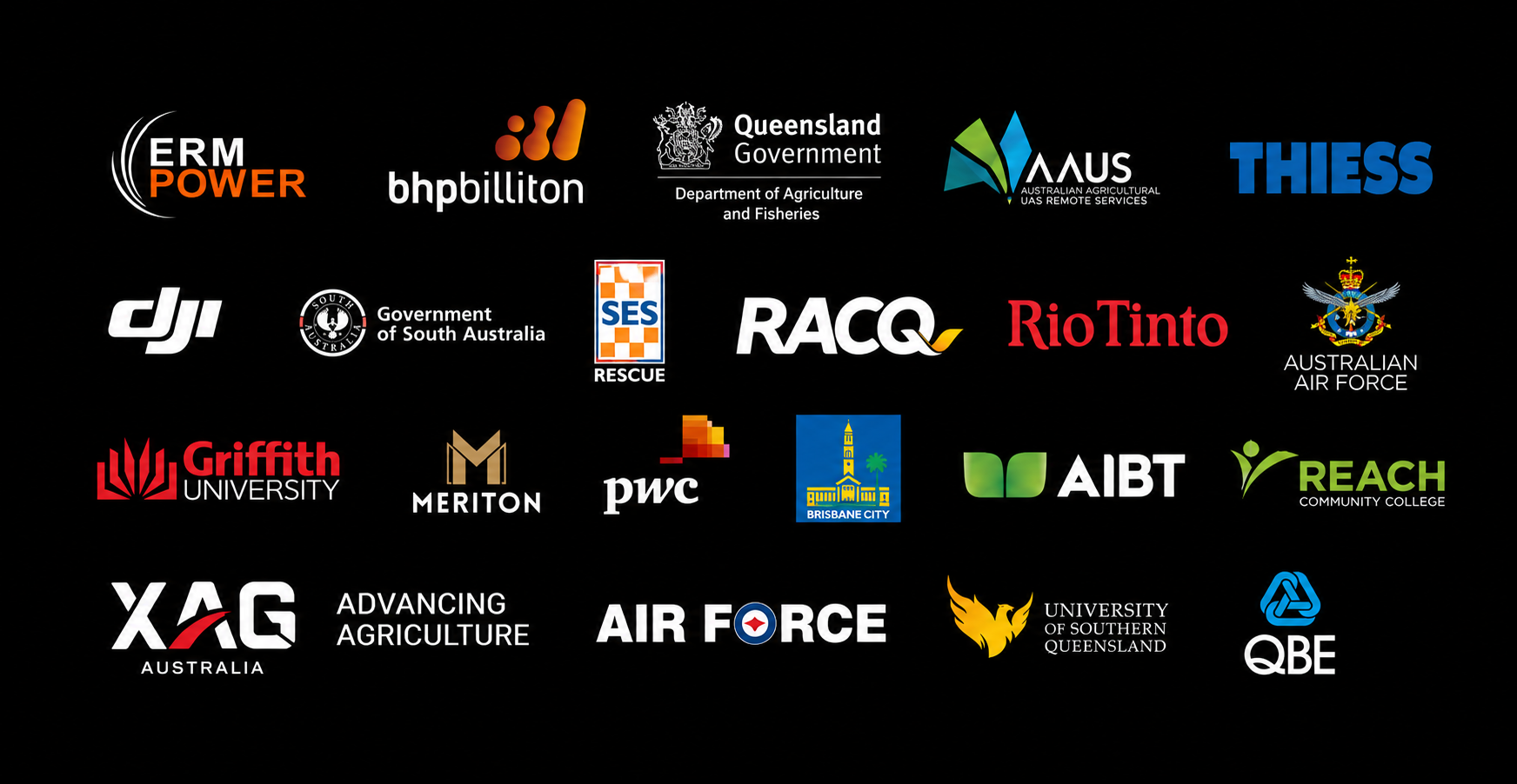 Industry partner logos including the Department of Defence, Airbus, Boeing, BHP and DJI